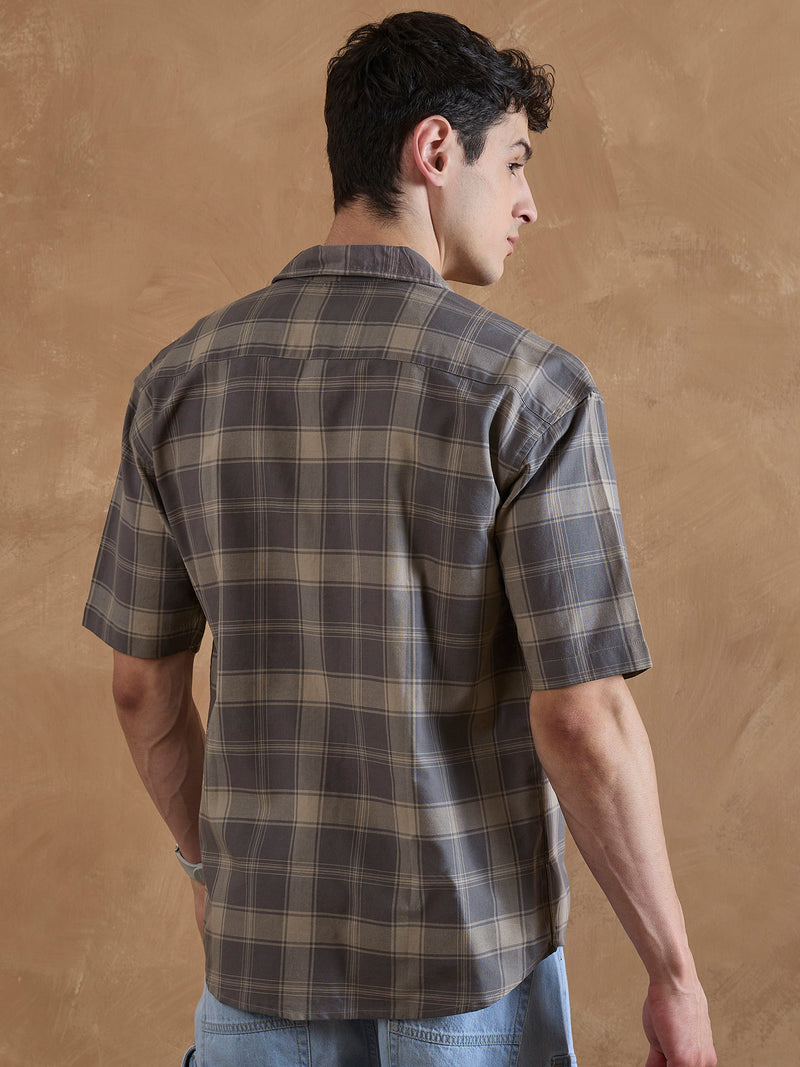 Dark Grey: Half Sleeves Double Pocket Checkered Shirt