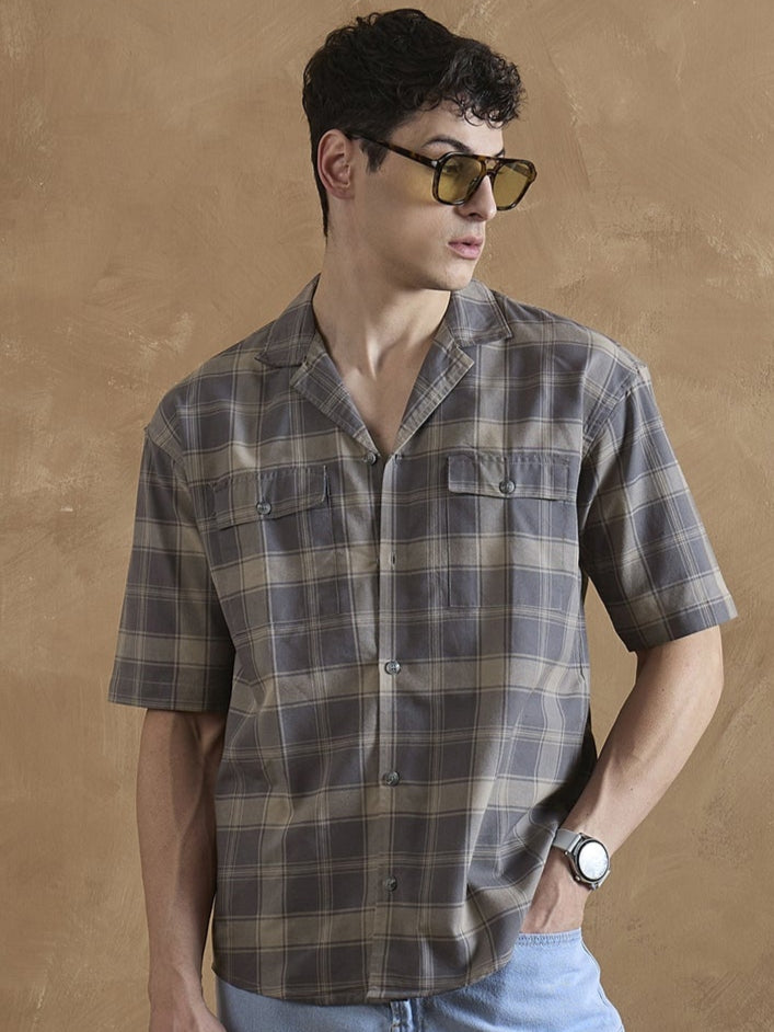 Dark Grey: Half Sleeves Double Pocket Checkered Shirt
