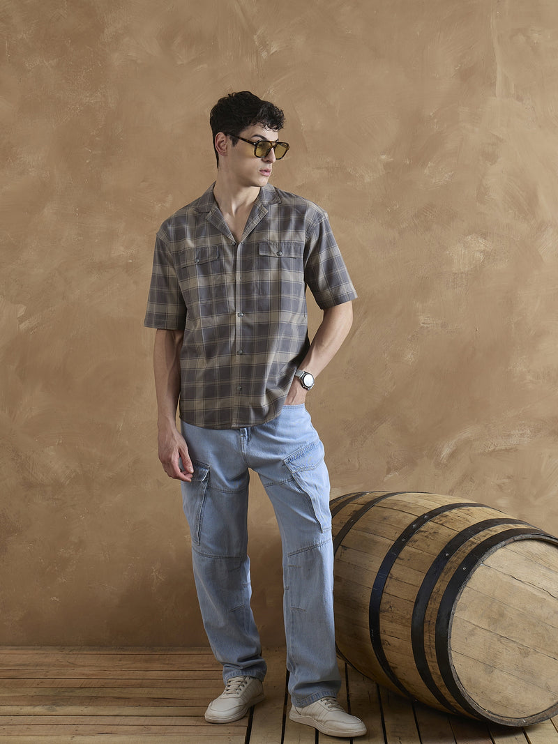 Dark Grey: Half Sleeves Double Pocket Checkered Shirt