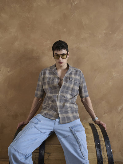 Dark Grey: Half Sleeves Double Pocket Checkered Shirt
