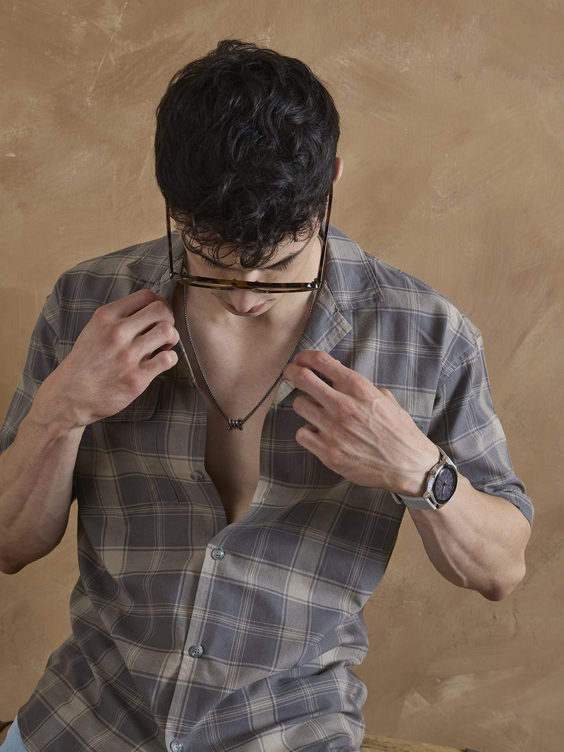 Dark Grey: Half Sleeves Double Pocket Checkered Shirt