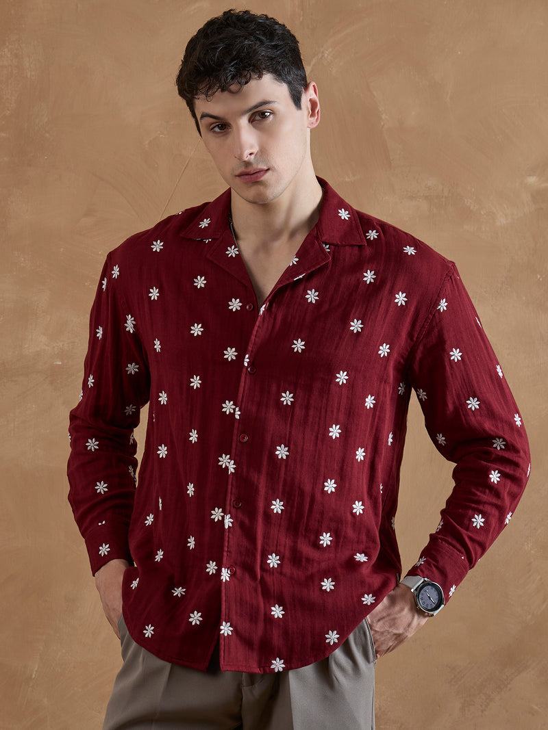 Red: Full Sleeves Muslin Embroidered Shirt