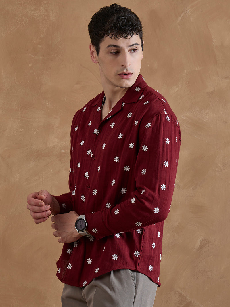 Red: Full Sleeves Muslin Embroidered Shirt