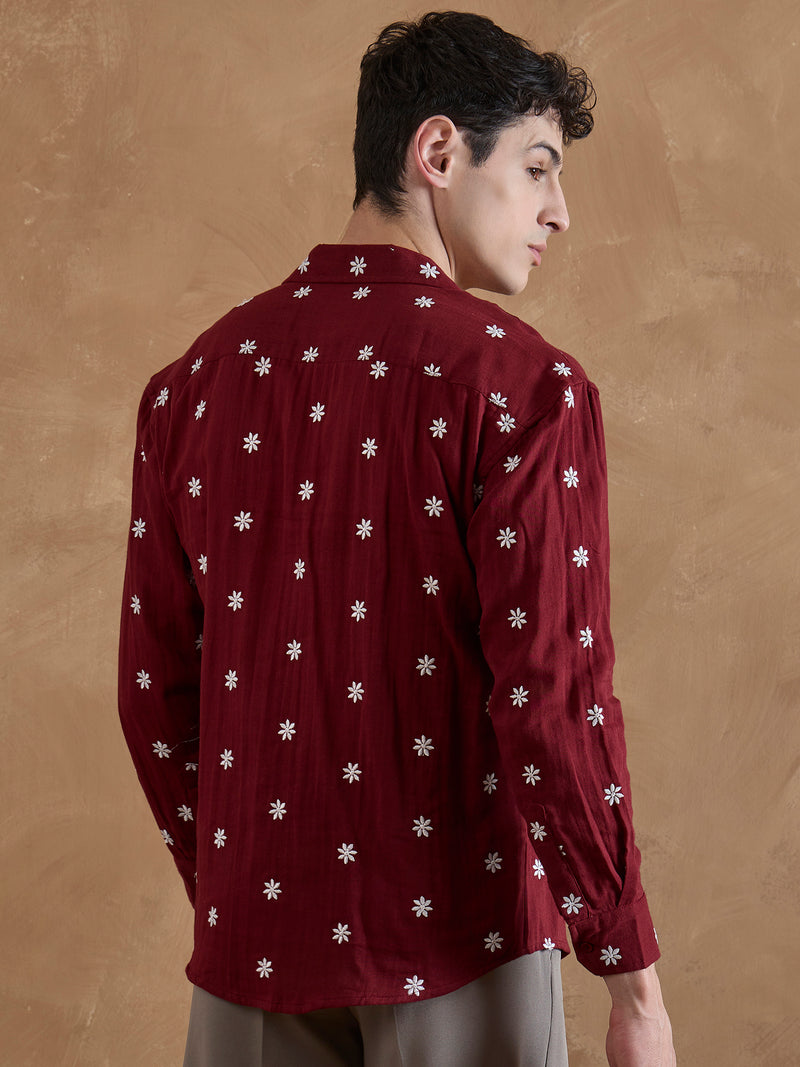 Red: Full Sleeves Muslin Embroidered Shirt