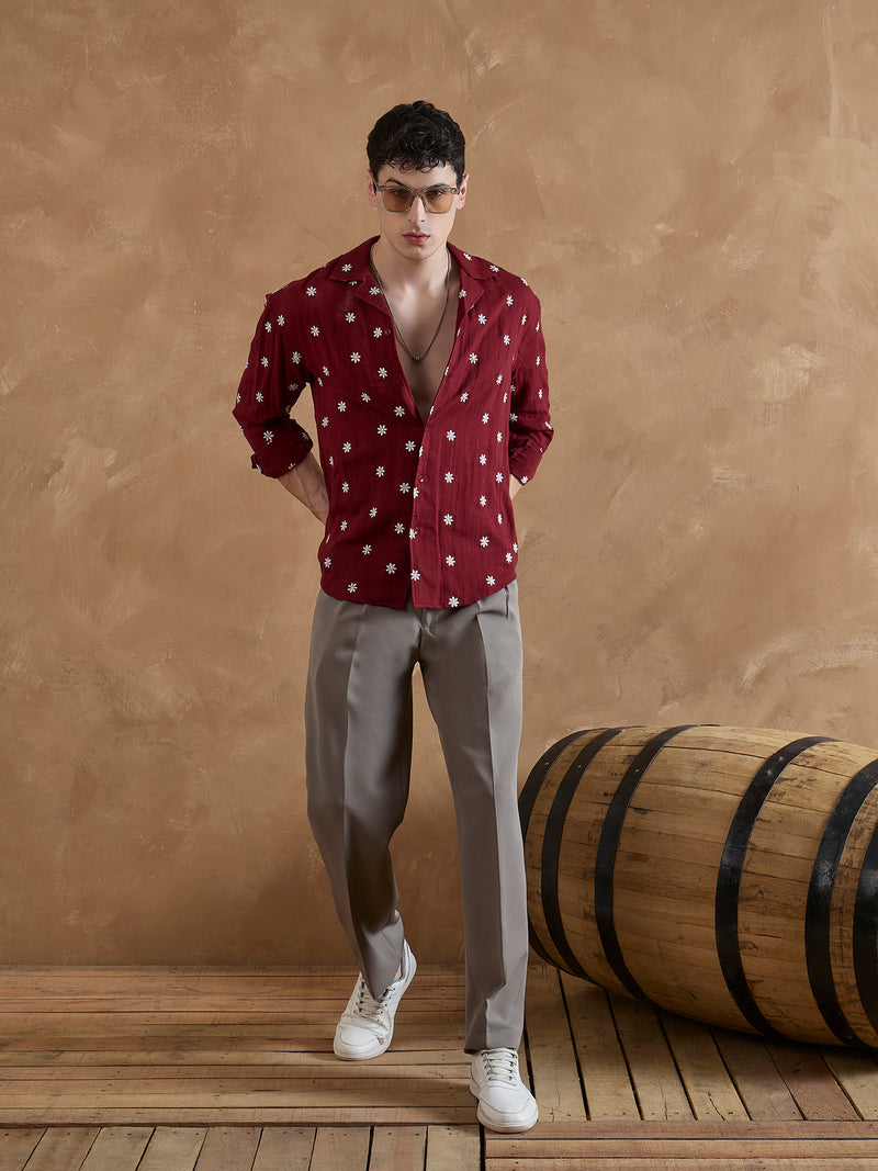 Red: Full Sleeves Muslin Embroidered Shirt