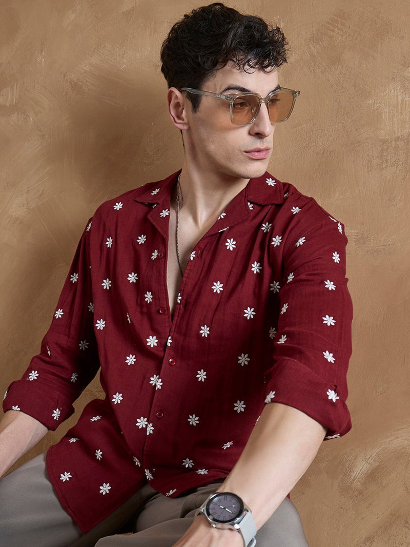 Red: Full Sleeves Muslin Embroidered Shirt