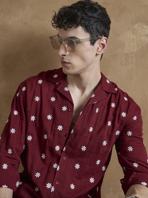 Red: Full Sleeves Muslin Embroidered Shirt