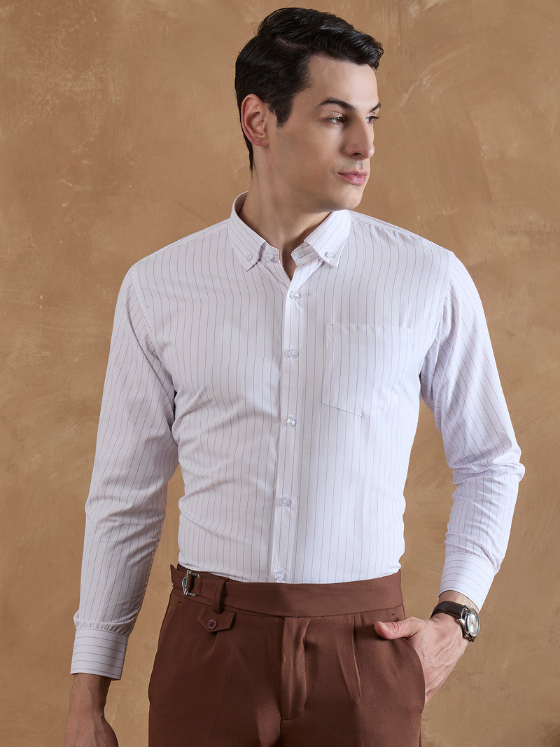 White & Purple: Full Sleeves Pencil Stripe Shirt