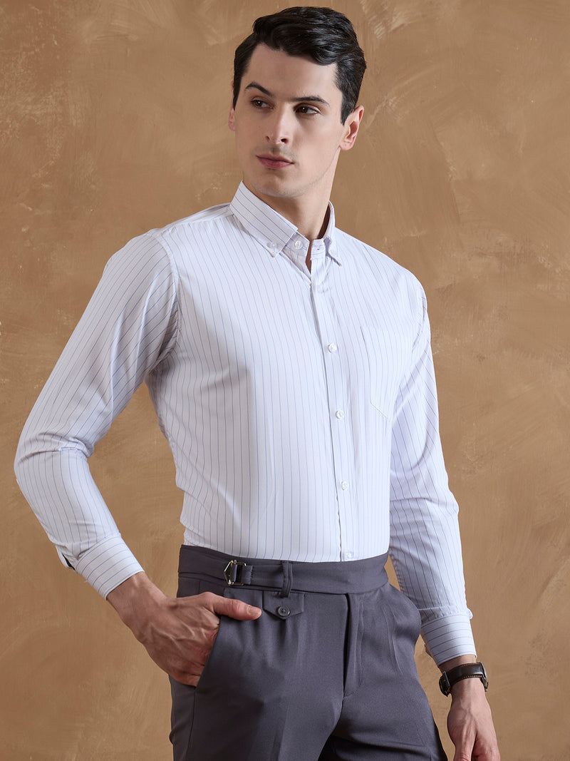 White & Blue: Full Sleeves Pencil Stripe Shirt