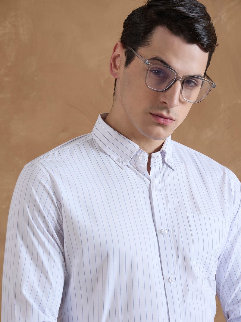 White & Blue: Full Sleeves Pencil Stripe Shirt