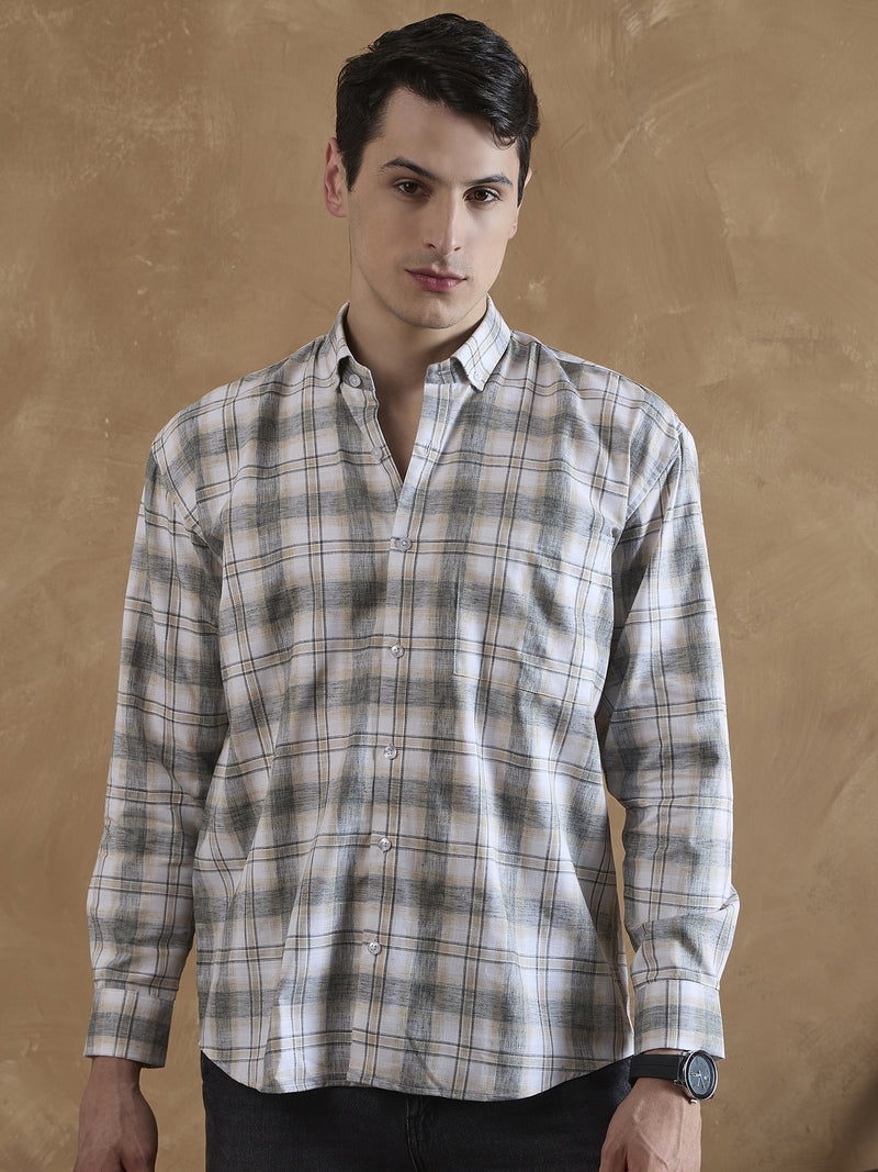 White & Beige: Full Sleeves Tartan Checks Shirt