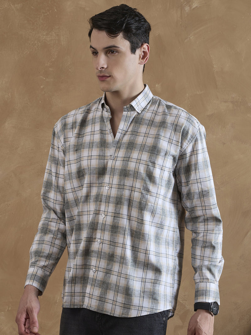 White & Beige: Full Sleeves Tartan Checks Shirt