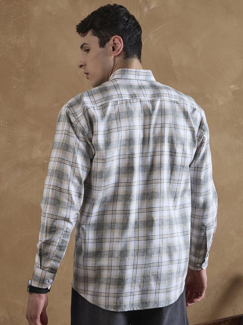 White & Beige: Full Sleeves Tartan Checks Shirt