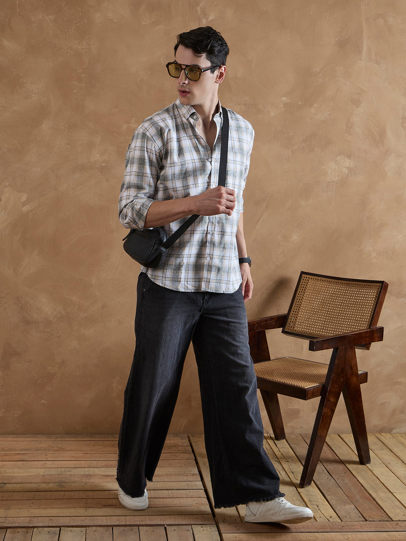 White & Beige: Full Sleeves Tartan Checks Shirt