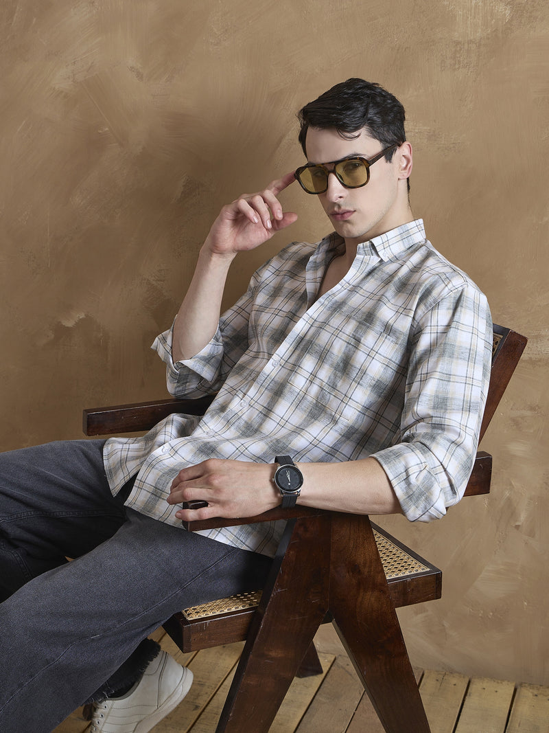 White & Beige: Full Sleeves Tartan Checks Shirt