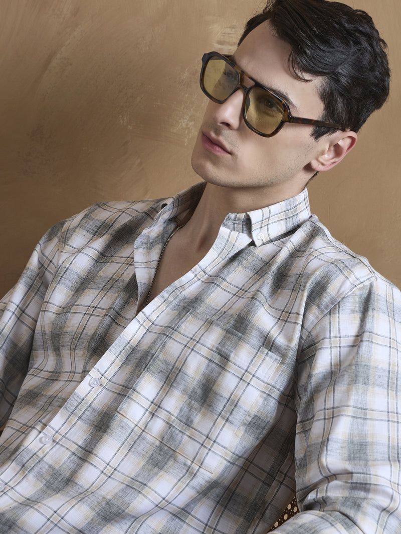 White & Beige: Full Sleeves Tartan Checks Shirt