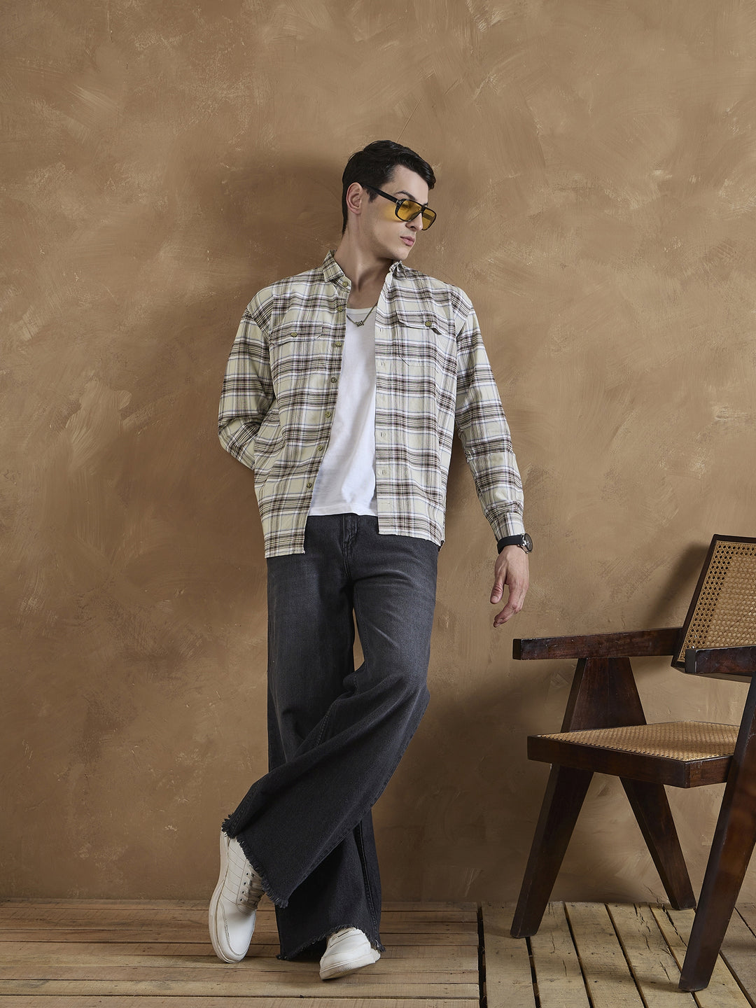 Cream & Brown: Double Pocket Checkered Shirt