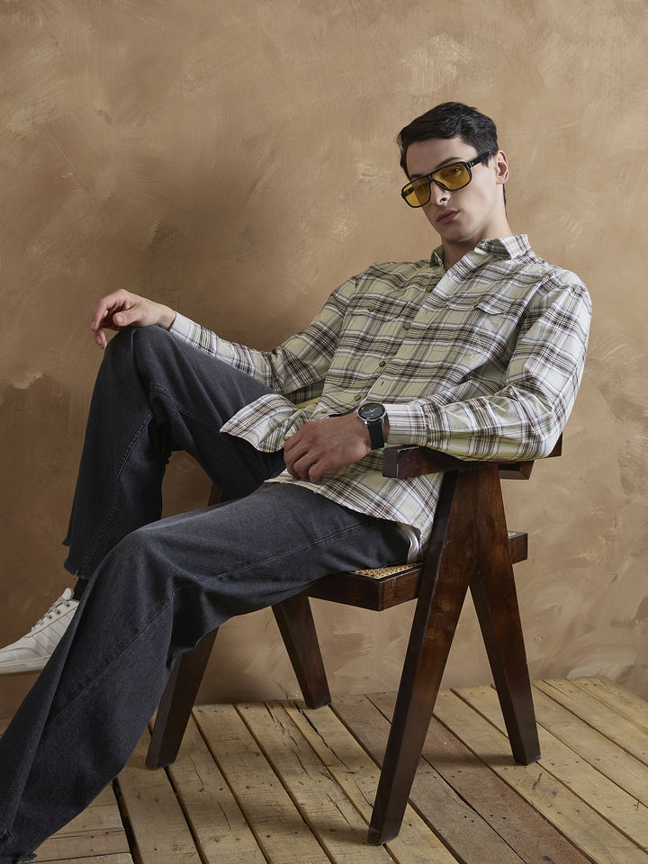Cream & Brown: Double Pocket Checkered Shirt