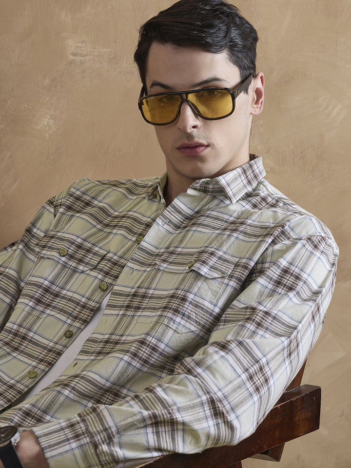 Cream & Brown: Double Pocket Checkered Shirt