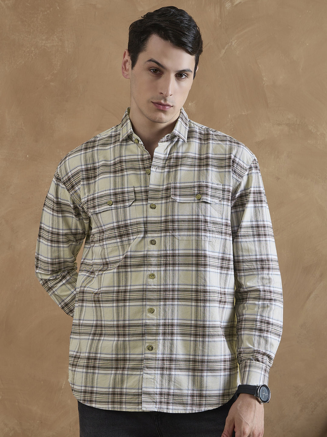 Cream & Brown: Double Pocket Checkered Shirt