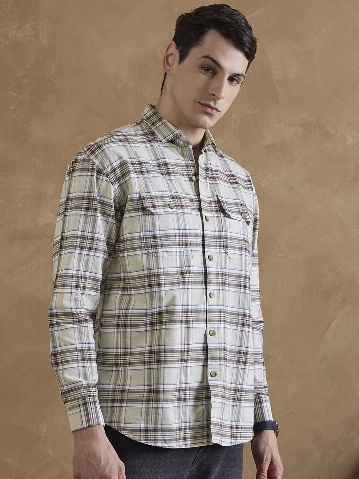 Cream & Brown: Double Pocket Checkered Shirt