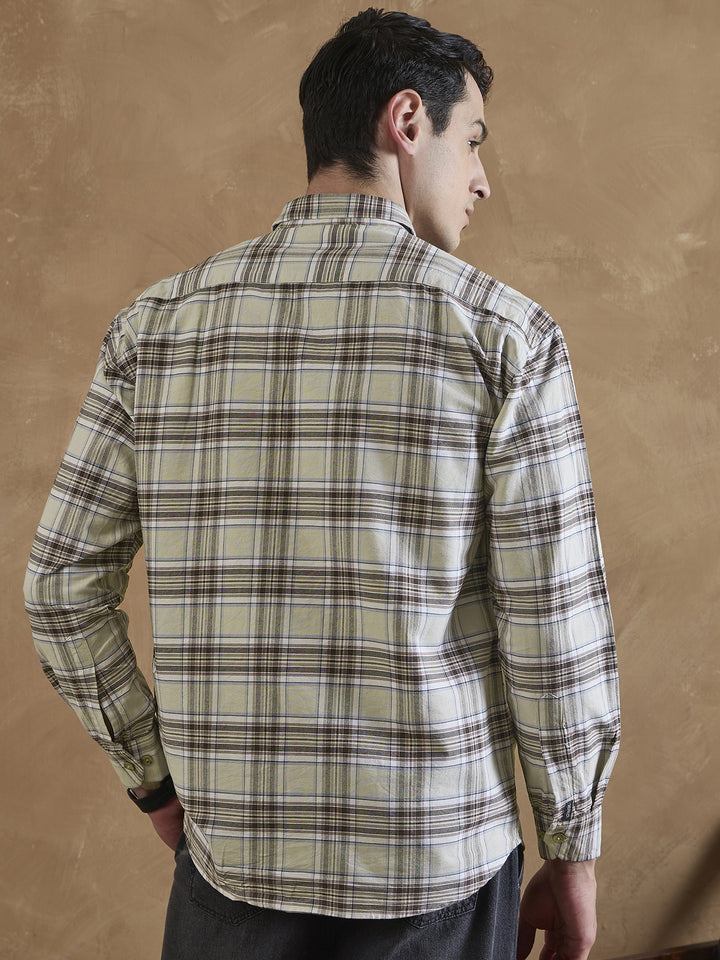 Cream & Brown: Double Pocket Checkered Shirt
