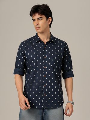 Men Navy Blue Smart Slim Fit Opaque Printed Casual Shirt