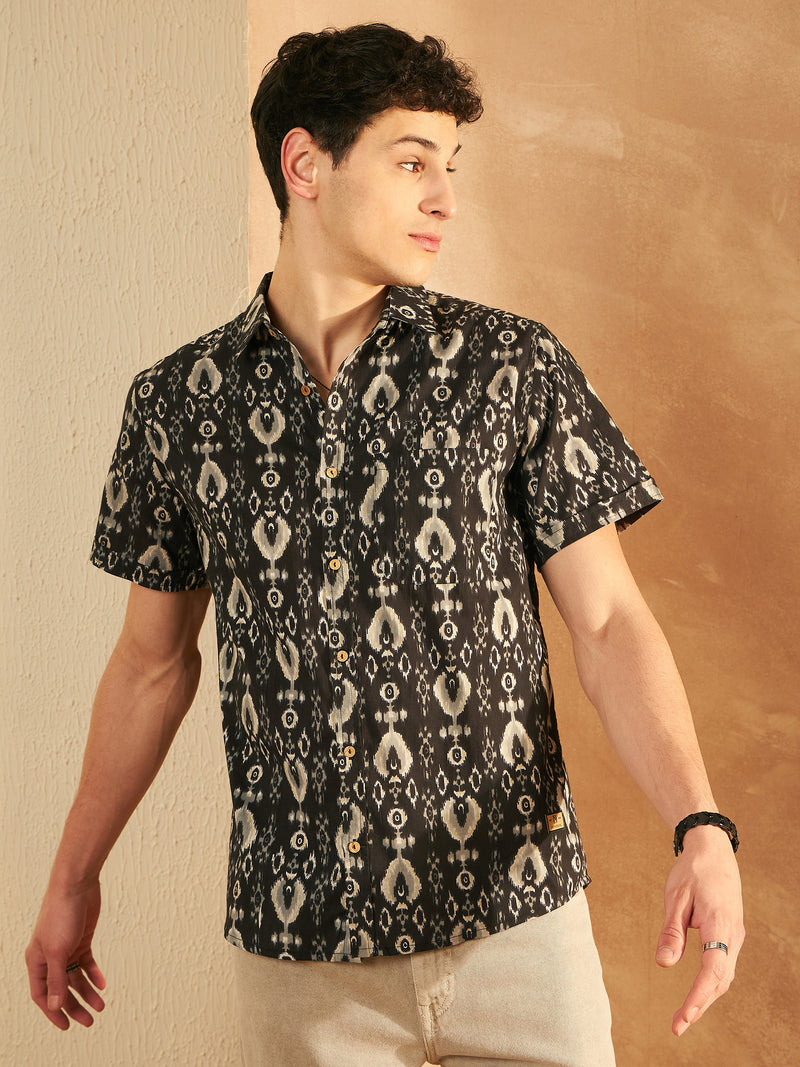 Black: Half Sleeves Block Printed Shirt