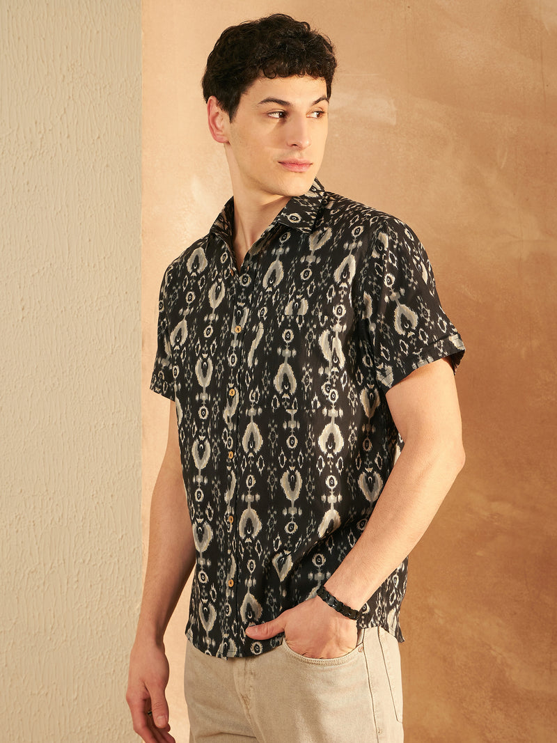 Black: Half Sleeves Block Printed Shirt