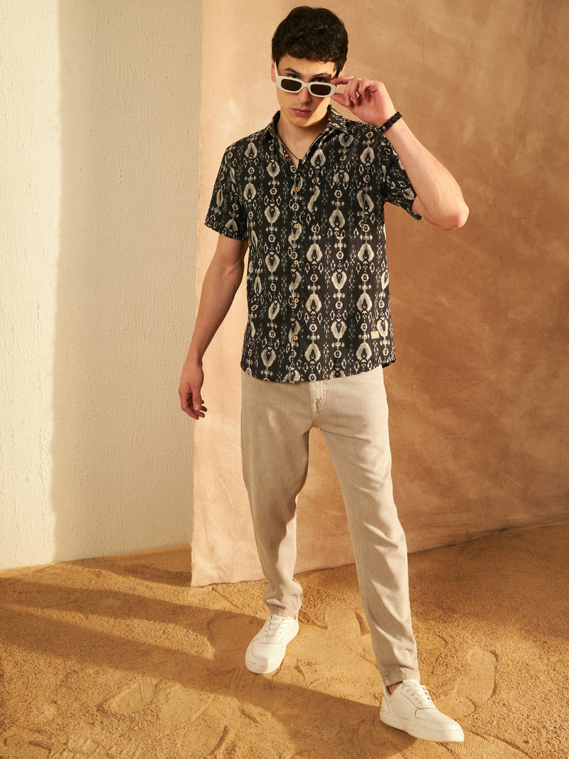 Black: Half Sleeves Block Printed Shirt