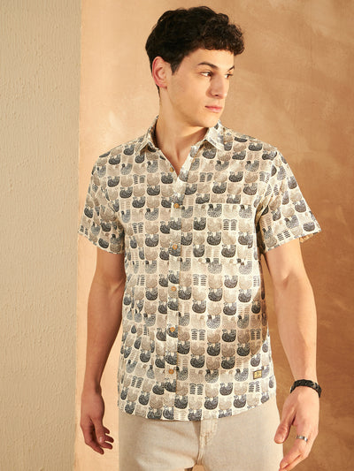 Cream & Black: Half Sleeves Block Printed Shirt