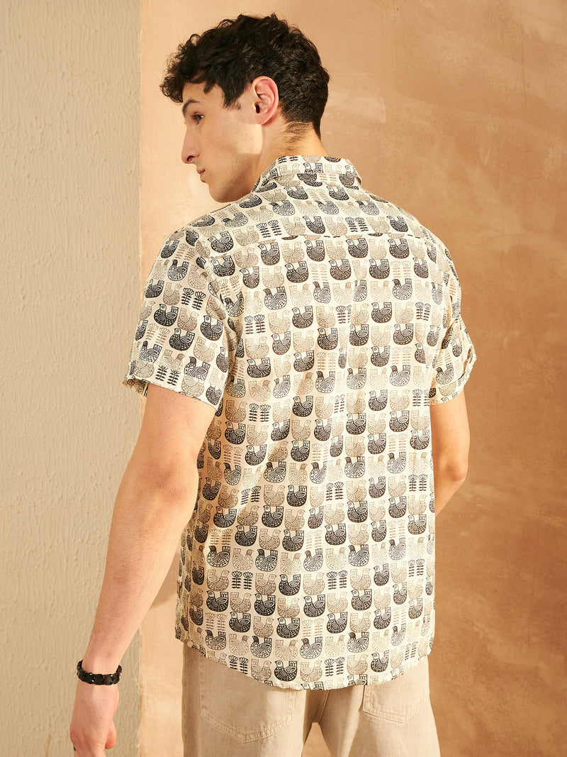 Cream & Black: Half Sleeves Block Printed Shirt