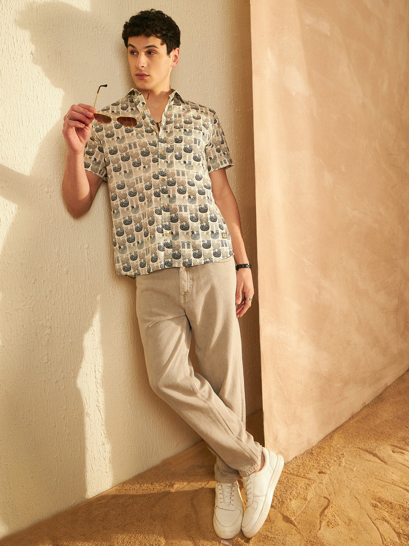 Cream & Black: Half Sleeves Block Printed Shirt