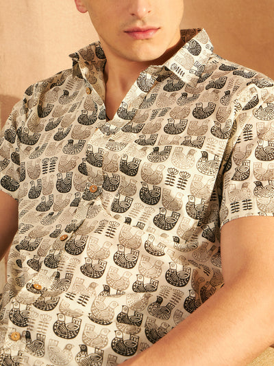 Cream & Black: Half Sleeves Block Printed Shirt