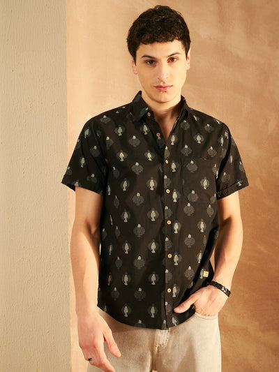 Black: Half Sleeves Block Printed Shirt