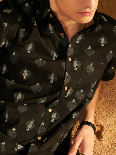 Black: Half Sleeves Block Printed Shirt