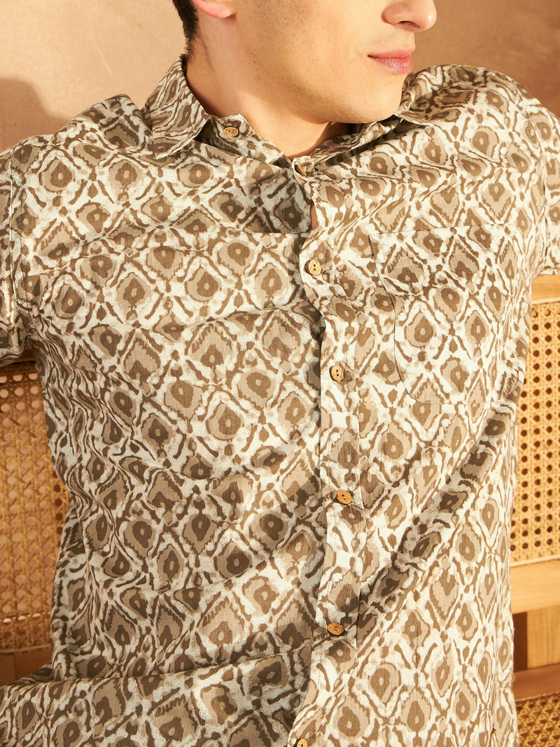 Cream & Olive: Half Sleeves Block Printed Shirt