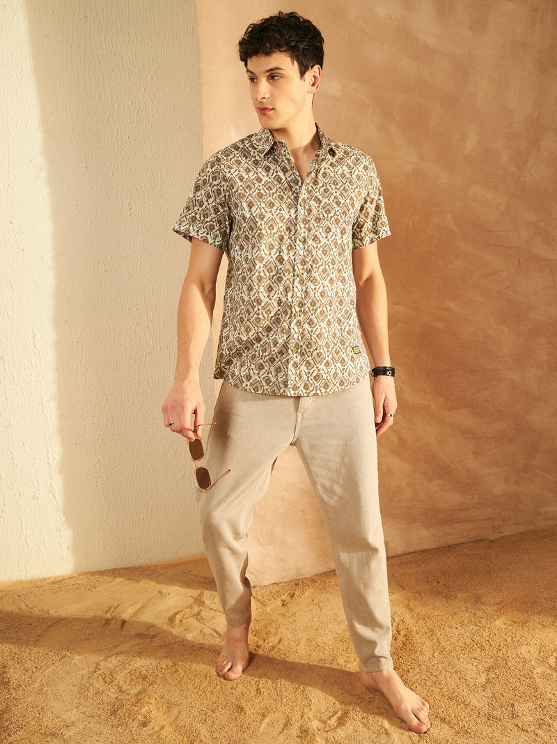 Cream & Olive: Half Sleeves Block Printed Shirt
