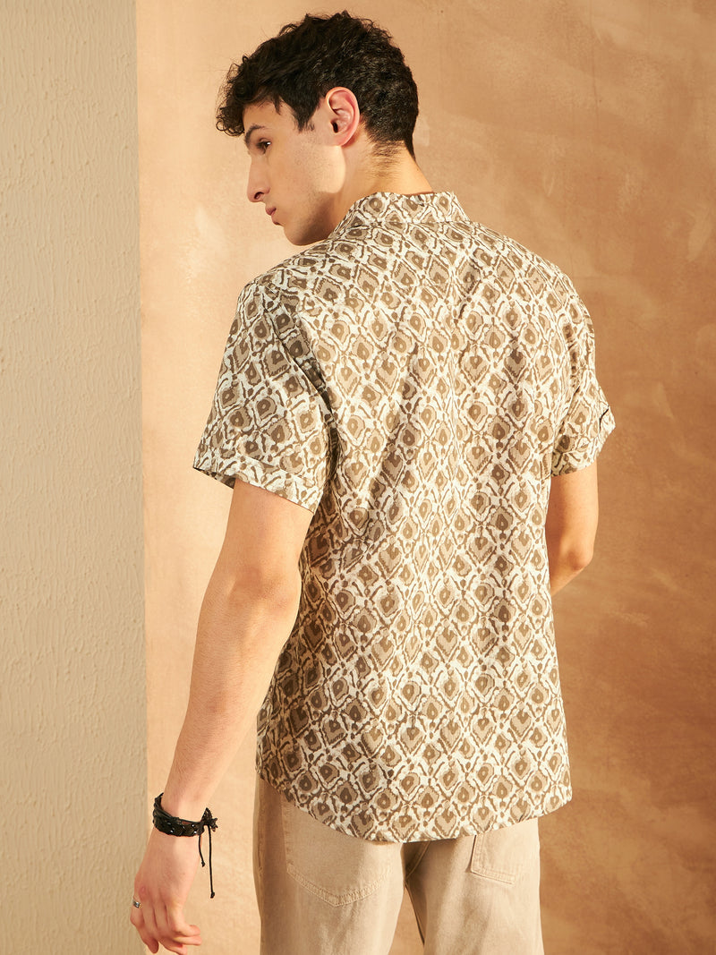 Cream & Olive: Half Sleeves Block Printed Shirt