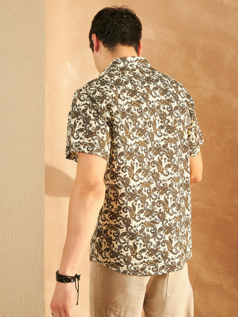 Cream & Green: Half Sleeves Block Printed Shirt