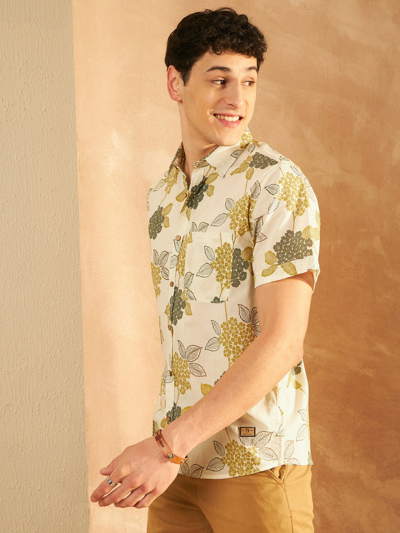 Cream: Half Sleeves Block Printed Shirt