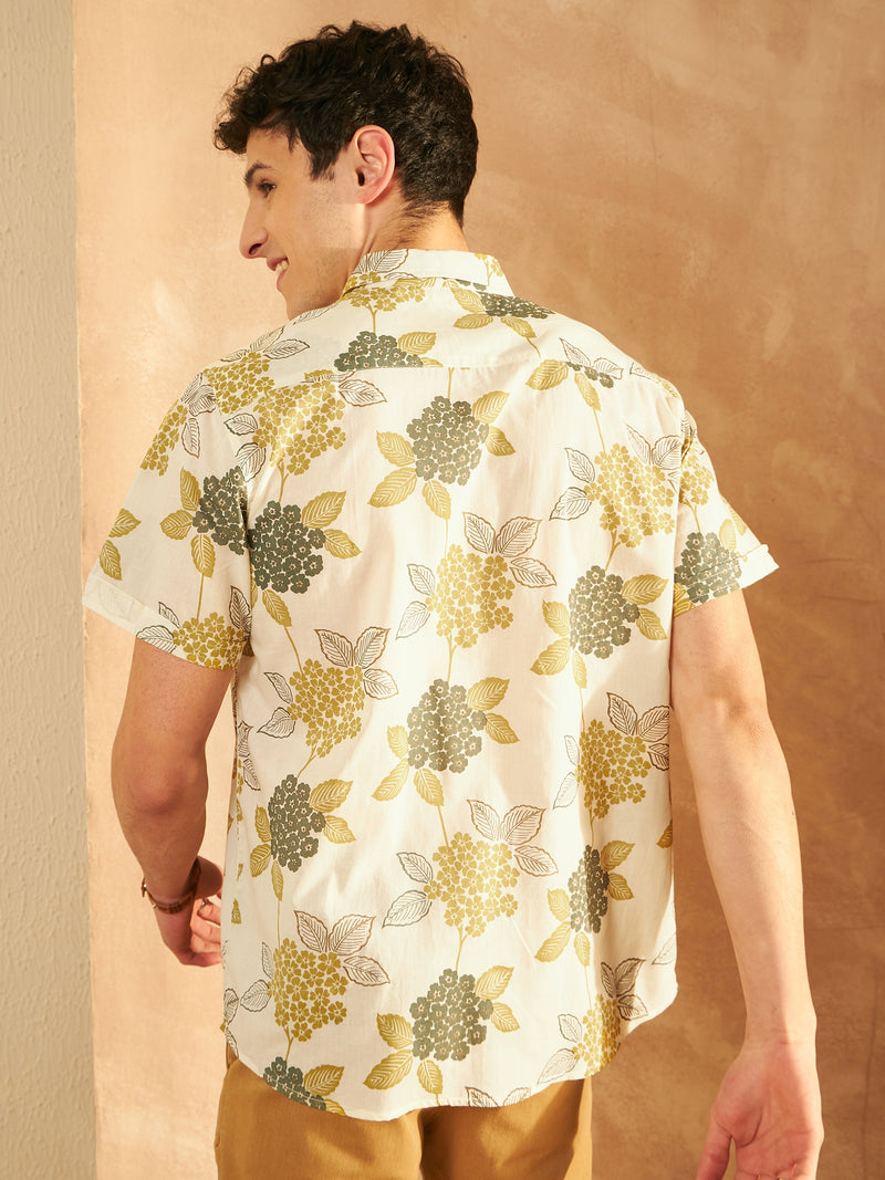 Cream: Half Sleeves Block Printed Shirt