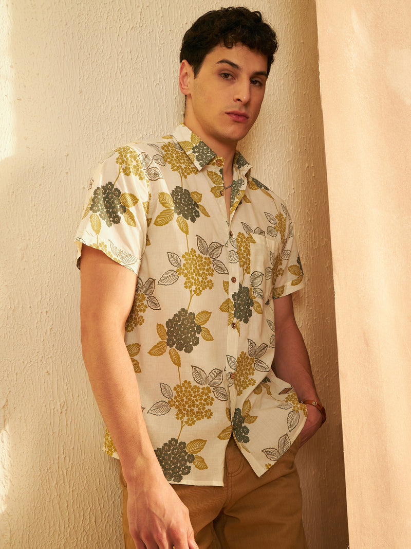 Cream: Half Sleeves Block Printed Shirt