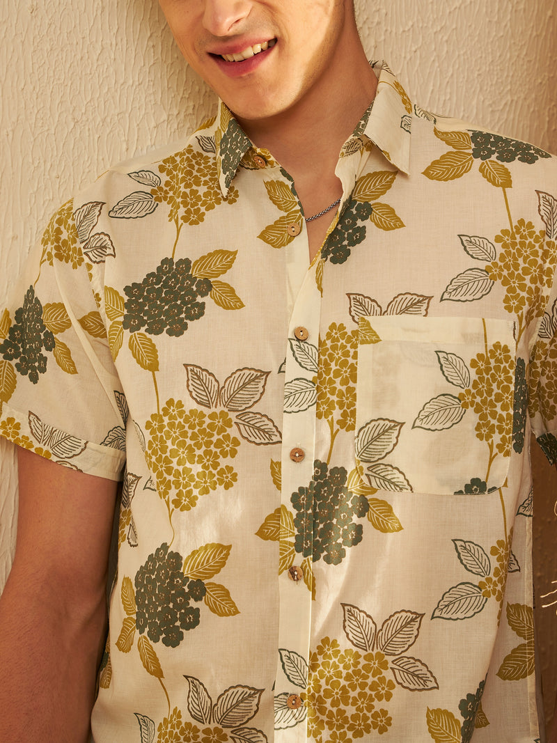 Cream: Half Sleeves Block Printed Shirt