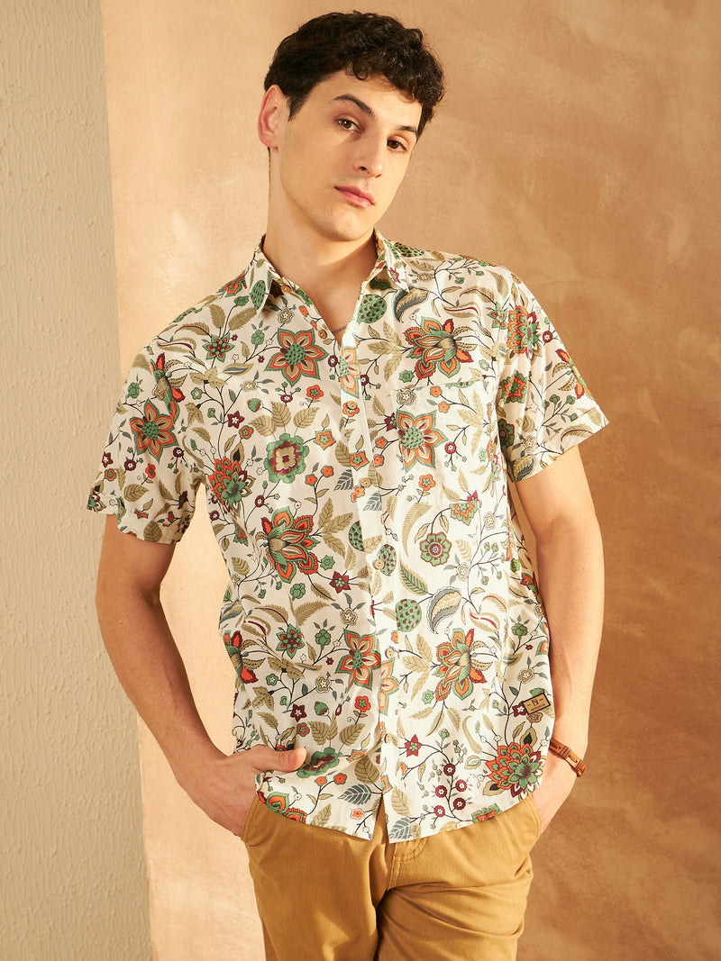 Cream: Half Sleeves Block Printed Shirt
