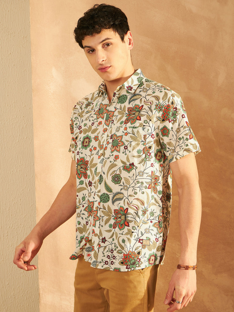 Cream: Half Sleeves Block Printed Shirt