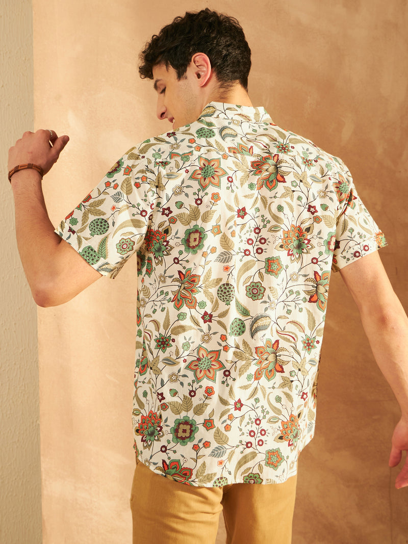 Cream: Half Sleeves Block Printed Shirt