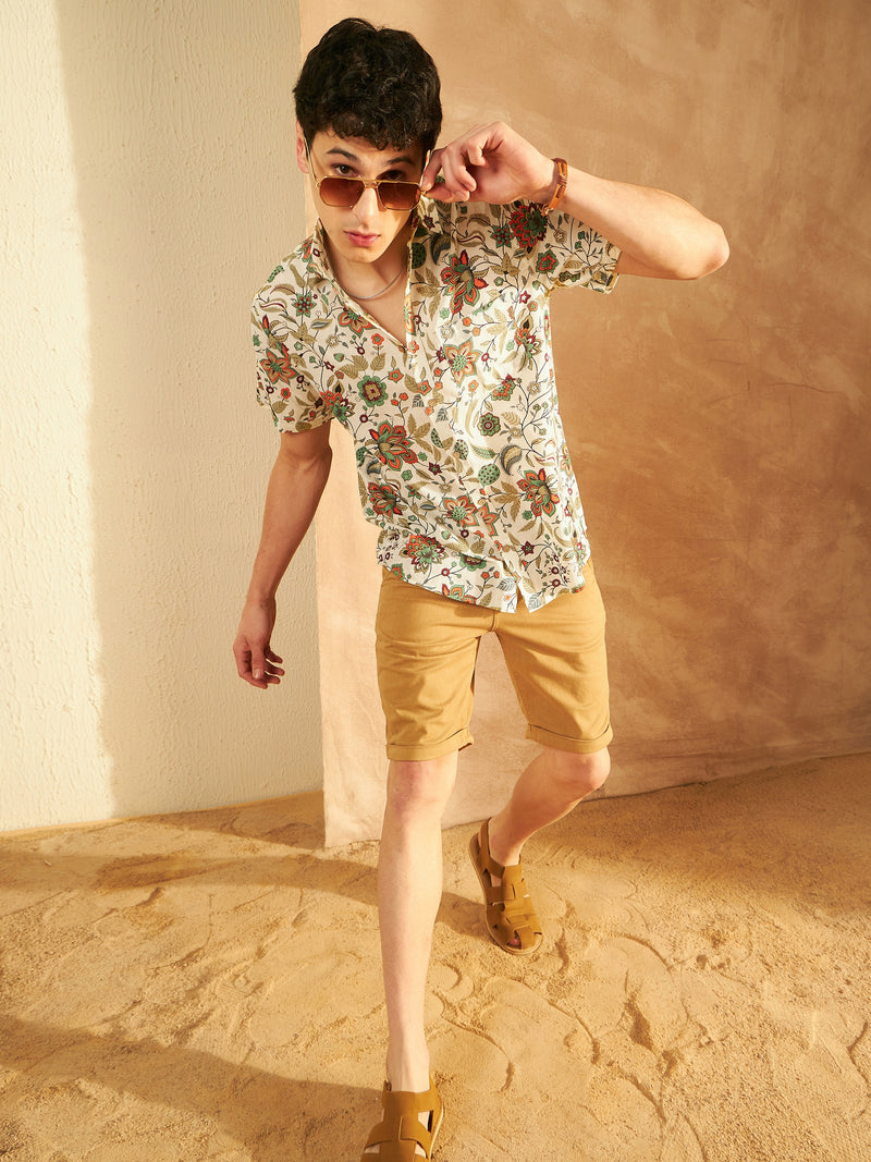Cream: Half Sleeves Block Printed Shirt