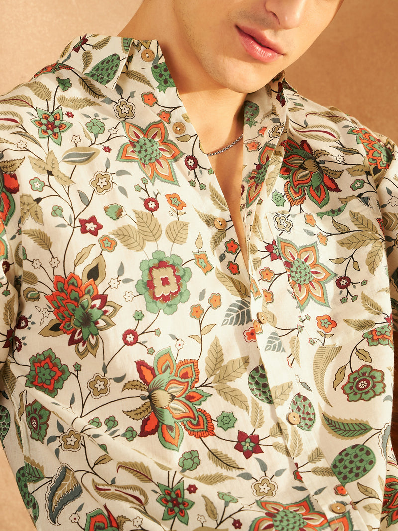 Cream: Half Sleeves Block Printed Shirt