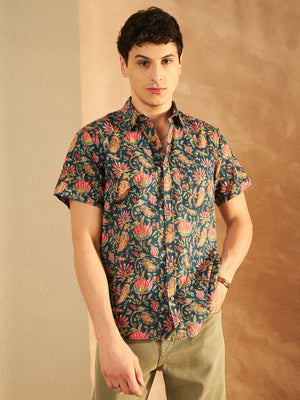 Blue: Half Sleeves Block Printed Shirt